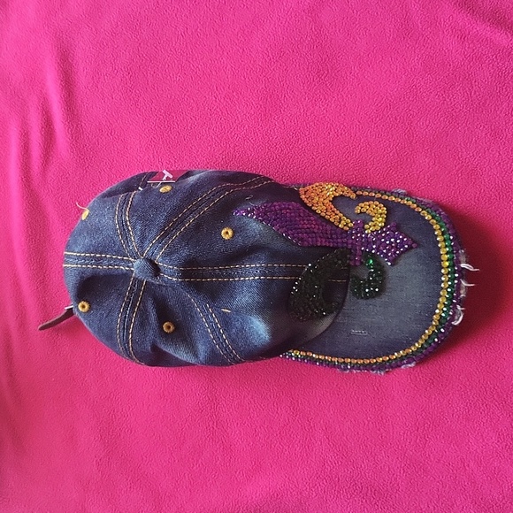 Bling denim ball cap Fleur de lis Mardi Gras colors - Picture 1 of 7
